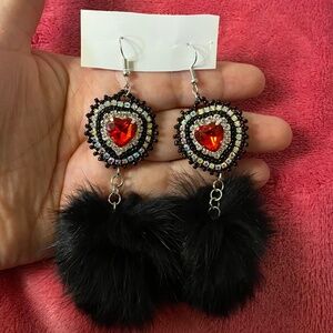 Real rabbit fur aboriginal beaded earrings